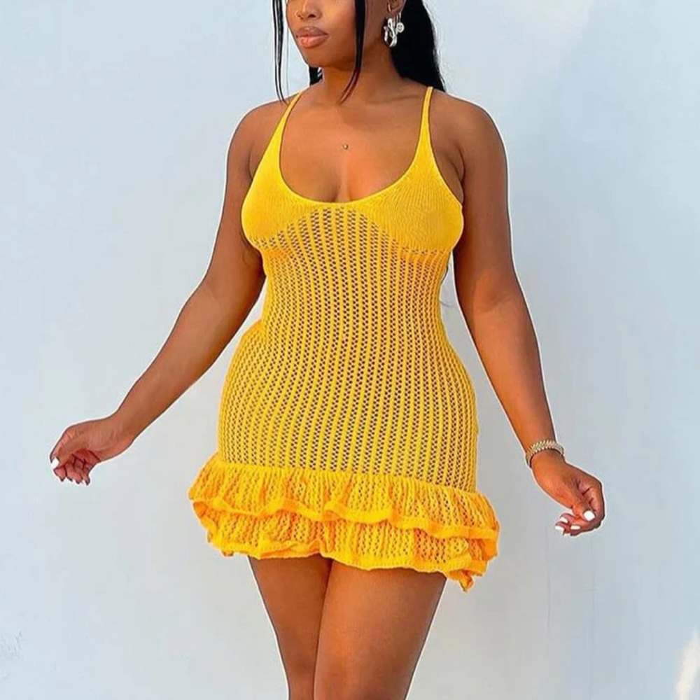 Yellow Knitted Mini Ruffled Hem dress